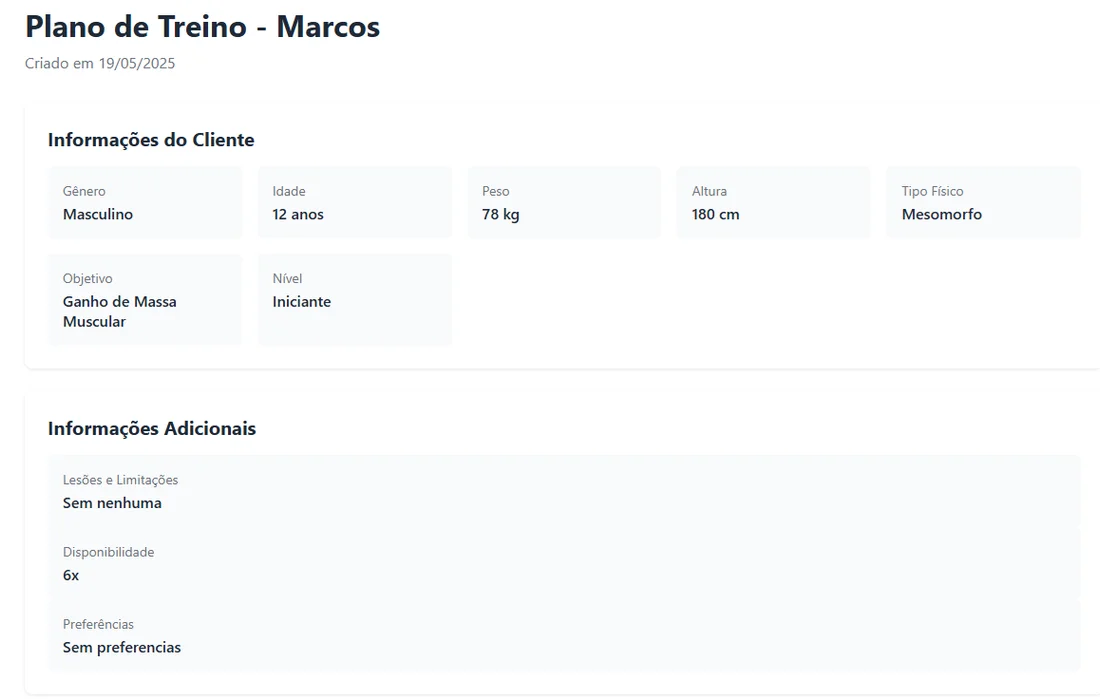 GymIA interface for organizing and reviewing a client’s workout plan.