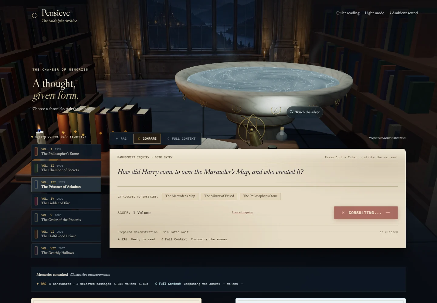 Pensieve reading desk with book selection, a manuscript question form, and comparison controls.