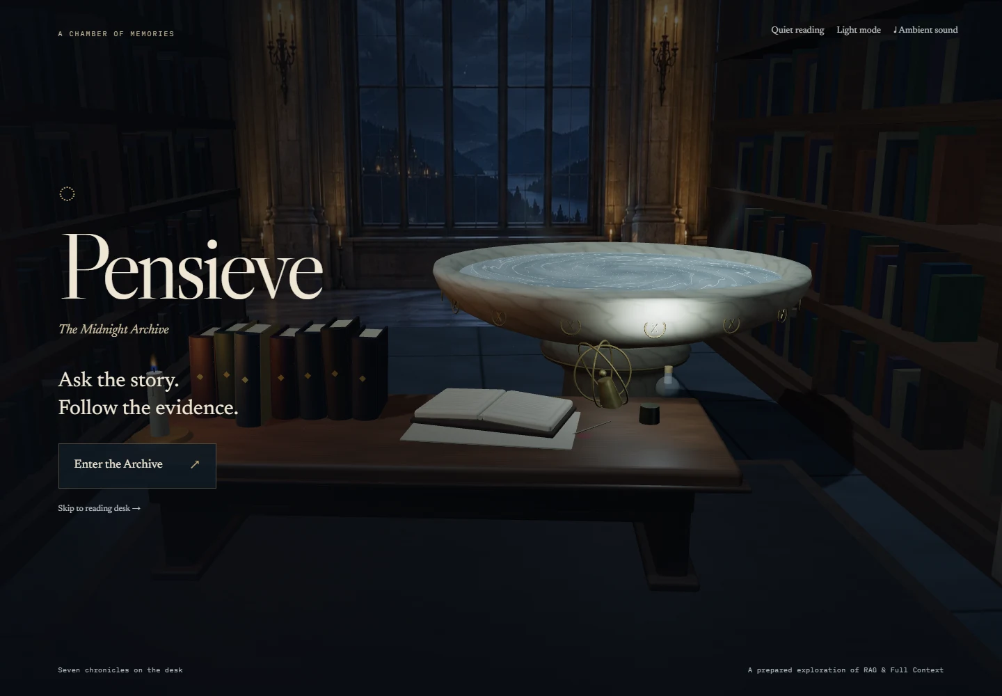 Pensieve’s candlelit archive with a stone basin, books, and the entrance to the research desk.